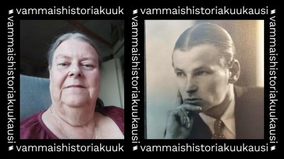 Närbild på Anita, tagen från en något lägre vinkel. Anita har grått hår uppsatt i nacken. Hon bär en röd blus. Hon har en silverkedja runt halsen. Bilden är omgiven av en svart ram där det står vammaishistoriakuukausi, 