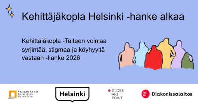 Kuvassa Kulttuuria kaikille -palvelun, Helsingin kaupungin, GAPn ja Diakonissalaitoksen logo, kuvassa lukee Kehittäjäkopla Helsinki -hanke alkaa ja erivärisiä ihmishahmoja, sama kuvitus kuin muussa Kehittäjäkopla -materiaalissakin.