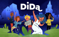 DiDa-festivaalin mainoskuva, jossa jammaavia piirroshahmoja ja taustalla Turun tuttuja rakennuksia