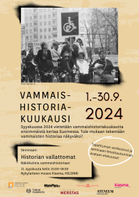 Vammaishistoriakuukauden mainos, jossa mustavalkoinen valokuva Kynnyksen mielenosoituksesta