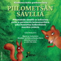 Osa Piilometsän säveliä -levyn kansilehdestä, jossa vihreällä pohjalla piirretyt punaruskeat orava ja kettu.