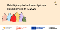 Developer Squad project's workshop in Rovaniemi 9.10.2026. Two drawings: two stars next to each other and six figures together. Logos: Culture for All, Kaikukortti, co-funded by the European Union, Svenska kulturfonden.